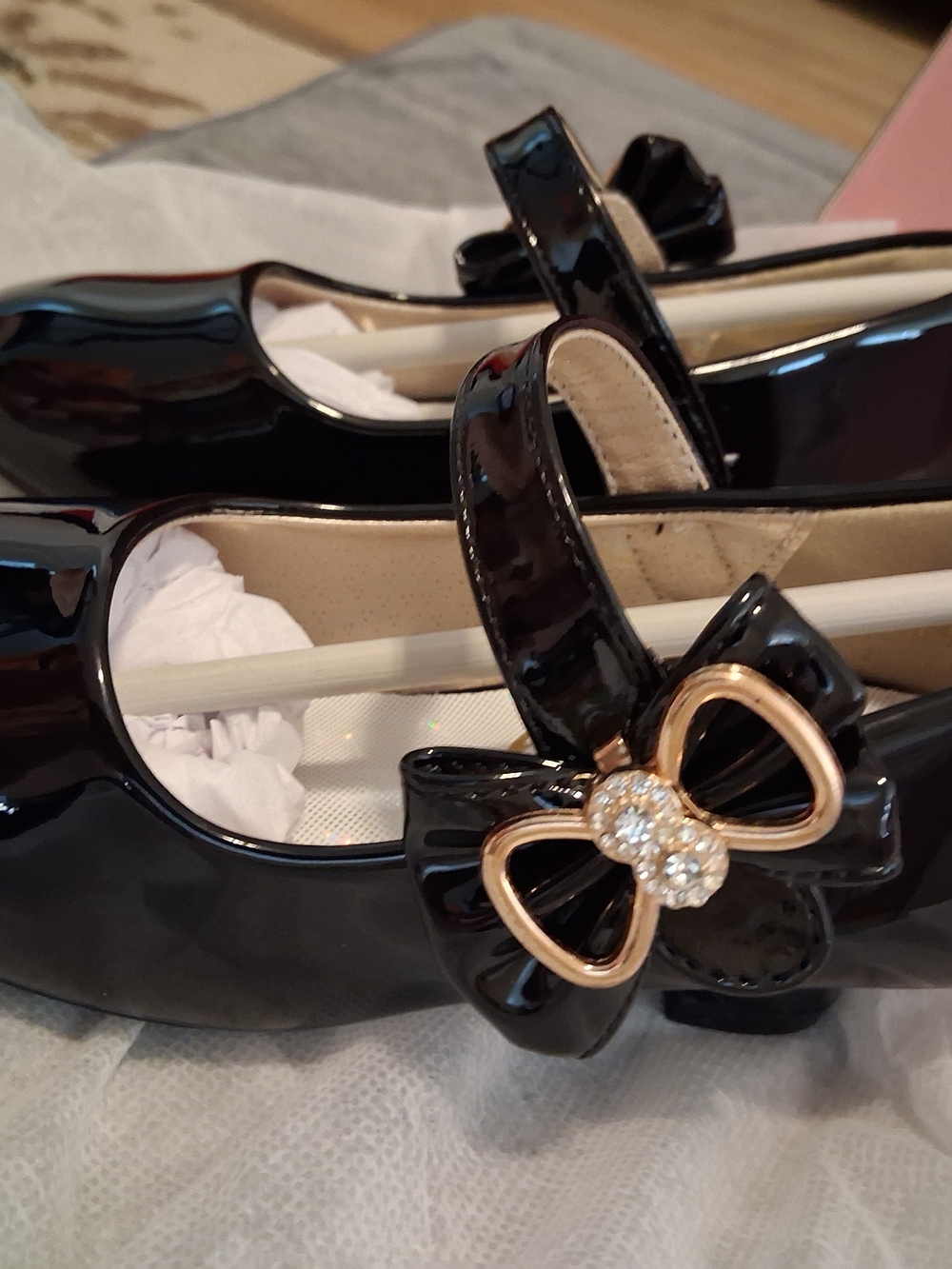 Eithy Black Patent Mary Jane Shoes W/Gold Bow Rhinestone US SIZE 9
